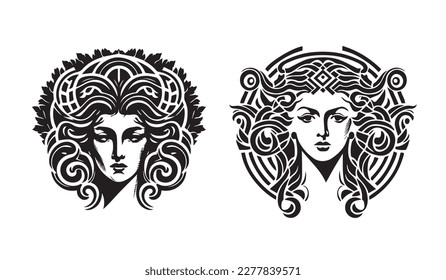 Ancient greek Gorgon Medusa, woman head logo. Vector illustration of female face. Silhouette svg, only black and white. svg