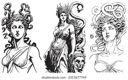 Gorgon Medusa, antiguo greco, silueta de ilustración vectorial de cabeza de mujer