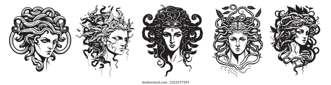 Gorgon Medusa, antiguo greco, silueta de ilustración vectorial de cabeza de mujer