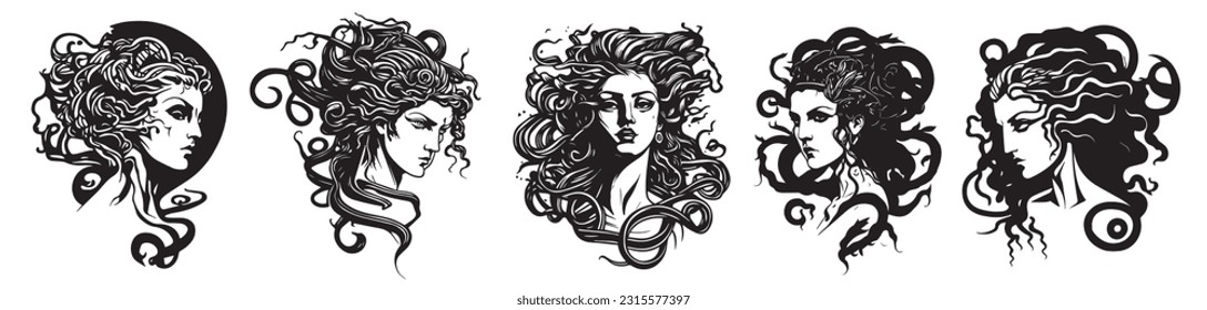 Ancient greek Gorgon Medusa, woman head vector illustration silhouette