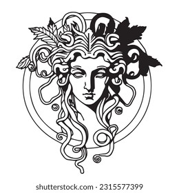 Ancient greek Gorgon Medusa, woman head vector illustration silhouette