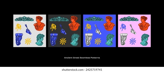 Ancient Greek Hand drawn Seamless Pattern Set with