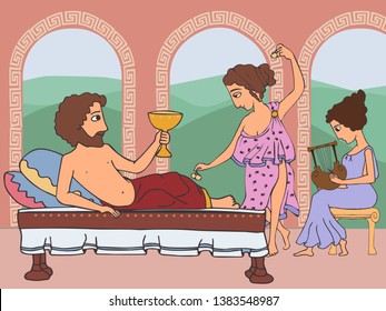 ancient greek hedonist, funny vector cartoon illustration of historical practices svg