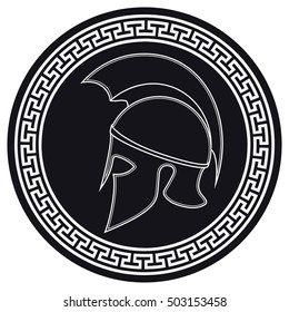 Ancient Greek Helmet with a Crest on the Shield on a White Background. Silhouette Spartan Helmet. Vector Roman Helmet