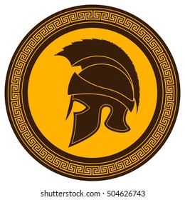 Ancient Greek Helmet with a Crest on the Shield on a White Background. Silhouette Spartan Helmet.