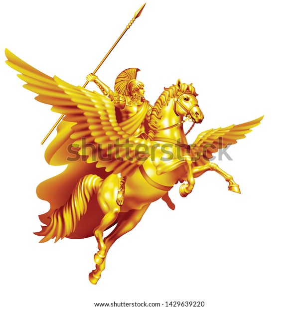 Ancient Greek hero Bellerophon on Pegasus golden on white background