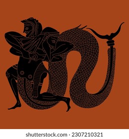 Ancient Greek hero Heracles fighting river god Achelous with fish tail. Vase painting style. Black and red silhouette.