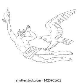 Antiguo héroe griego Prometeo y águila. Dibujo manual Aislado en ilustración vectorial blanca.