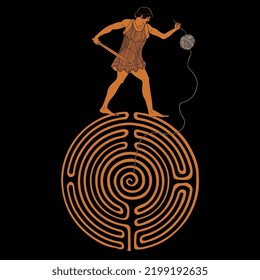 Ancient Greek hero standing on top of a round spiral maze or labyrinth symbol and holding a yarn ball. Theseus. Ariadne thread. Creative mythological concept. On black background.