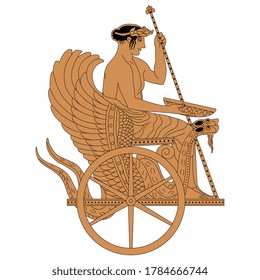 Ancient Greek hero Triptolemus sitting in a winged dragon snake chariot. Vase painting style. Eleusinian Mysteries.
