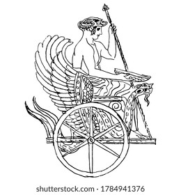 Ancient Greek hero Triptolemus sitting in a winged dragon snake chariot. Hand drawn linear sketch. Black silhouette on white background. Eleusinian Mysteries.