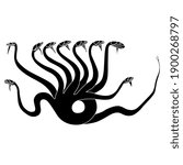 Ancient Greek Hydra. Mythological dragon monster with many heads. Black and white silhouette.