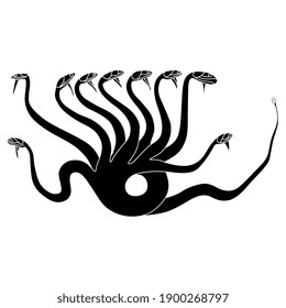 Ancient Greek Hydra. Mythological dragon monster with many heads. Black and white silhouette.