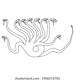 Ancient Greek Hydra. Mythological dragon monster with many heads. Black and white linear silhouette.