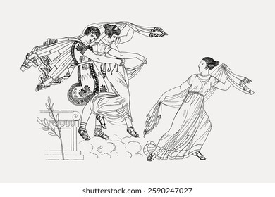 Ancient Greek illustration of three figures in traditional attire, dancing gracefully. The scene depicts cultural heritage and classical Greek art. Vintage illustration isolated on white, vector.