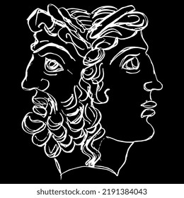 Ancient Greek Janus. Janiform head of Zeus and Hera. Juxtaposition of male and female, young and old, past and future. Hand drawn linear rough sketch. White silhouette on black background.