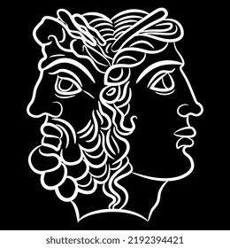 Ancient Greek Janus. Janiform head of Zeus and Hera. Juxtaposition of male and female, young and old, past and future. White silhouette on black background.