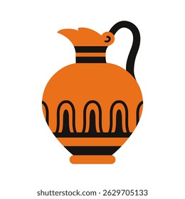 Ancient Greek jug illustration with curved handle and traditional black and orange wave-like patterns. Ideal for projects related to classical history, archaeology, mythology, and cultural heritage.