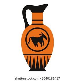 Ancient Greek jug illustration with a tall spout, black handle, and animal motif in the center. Traditional black and orange pottery style, perfect for history, archaeology, or mythology themes.