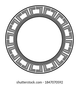 Marco redondo de clave griega antiguo, adorno de laberinto geométrico, serpentín de grecia, pincel de patrón, ilustración vectorial negra, motivos egipcios, asiáticos