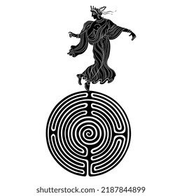 Ancient Greek lady dancing on top of a round spiral maze or labyrinth symbol. Ariadne or Anima. Creative mythological concept.