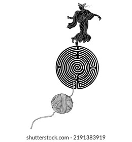Ancient Greek lady dancing on top of a round spiral maze or labyrinth symbol and a yarn ball. Ariadne thread. Creative mythological concept. Black and white silhouette.