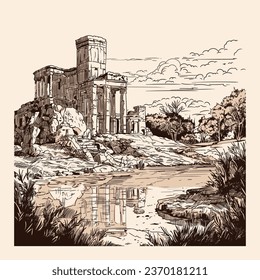 Ancient Greek landscape with ruins of a temple with columns. Quick freehand drawing.