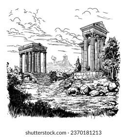 Ancient Greek landscape with ruins of a temple with columns. Quick freehand drawing.