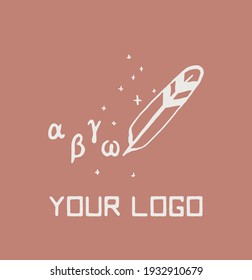 Letras griegas antiguas con pluma, logotipo vectorial para escritores, logotipo de blog, símbolo mágico, emblema. Ilustración vectorial dibujada a mano, estilo lineal, dibujo de línea.