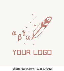 Ancient greek letters with feather,  vector logo for writers, blog logotype, magic symbol,  emblem. Hand drawn vector illustration, linear style, line drawing.