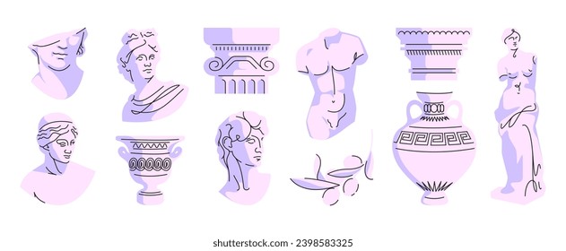 Ancient greek line elements. Doodle ancient roman line stickers, statues and sculptures with vases and antique architectural decorative elements. Vector isolated collection. Artwork and monuments