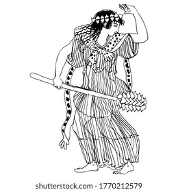 Ancient Greek maenad woman with thyrsus. Bacchante. Hand drawn linear sketch. Black and white silhouette. 