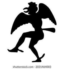 Ancient Greek man actor dancing in rooster costume. Fantastic winged anthropomorphic bird character. Vase painting style. Black silhouette on white background.