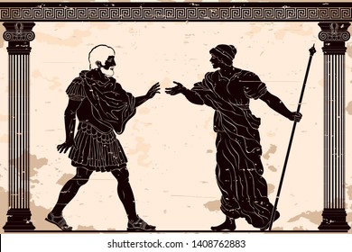 An ancient Greek man in armor and a woman in a tunic are talking emotionally in the temple between two columns.