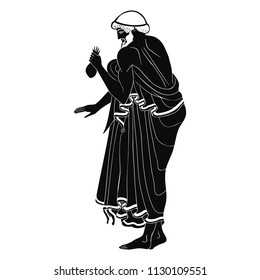 Ancient Greek man carries a bag of money in his hands. Isolated black drawing on a white background.