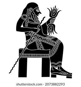 Ancient Greek man or god sitting on throne. Vase painting style. Black and white negative silhouette.