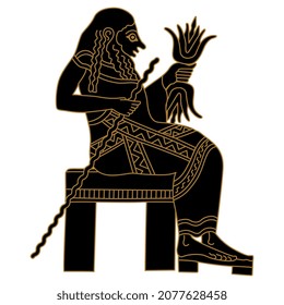 Ancient Greek man or god sitting on throne. Vase painting style. Monochrome silhouette.