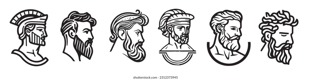 Ancient Greek man head logo, vector silhouette illustration of male face.