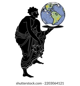 Ancient Greek man holding planet Earth on a tray. Creative concept. Titan Atlas. Isolated vector illustration.