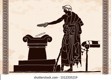 An ancient Greek man holds a ritual of sacrifice near a stone altar with a cup in his hand.