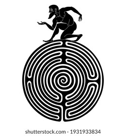 Ancient Greek man on top of round spiral maze or labyrinth mandala. Creative concept for knowledge. Black and white silhouette.