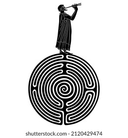 Ancient Greek man playing flute on top of a round spiral maze or labyrinth symbol. Creative concept for antique culture. Black and white silhouette.