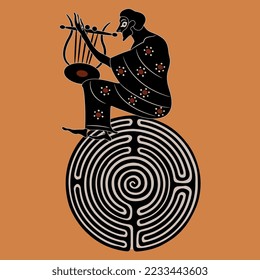 Ancient Greek man playing lyre on top of a round spiral maze or labyrinth symbol. Creative concept.