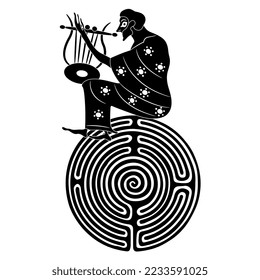 Ancient Greek man playing lyre on top of a round spiral maze or labyrinth symbol. Creative concept. Black and white silhouette.