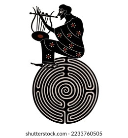 Ancient Greek man playing lyre on top of a round spiral maze or labyrinth symbol. Creative concept. 