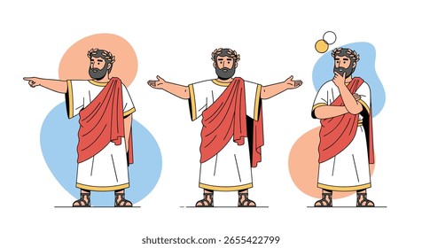 Ancient greek man poses and gestures demonstrating thought leadership and direction 10 words