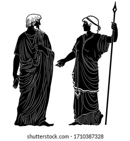 An ancient Greek man with a scroll in his hand is talking to a woman with a staff. Two figures isolated on a white background.