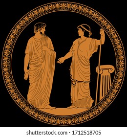 An ancient Greek man with a scroll in his hand is talking to a woman with a staff. Two figures isolated on a black background. Antique painting on the dishes.