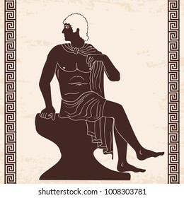 Ancient Greek man sits on a rock and looks away. Vector Brown pattern on a beige background with the aging effect stylized as an antique painting.
