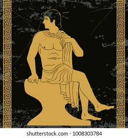 Ancient Greek man sits on a rock and looks away. Vector gold pattern on a black background with the aging effect stylized as an antique painting.